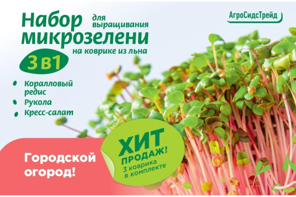 Набор для выращивания микрозелени 3 в 1. Коралловый редис, Рукола, Кресс-салат АСТ фото в интернет-магазине "Сортовые семена"